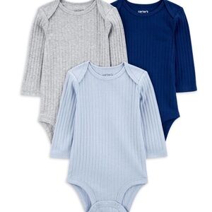 Carter's Ribbed Long Sleeve Bodysuits in Blue and Gray - 3 Pack
